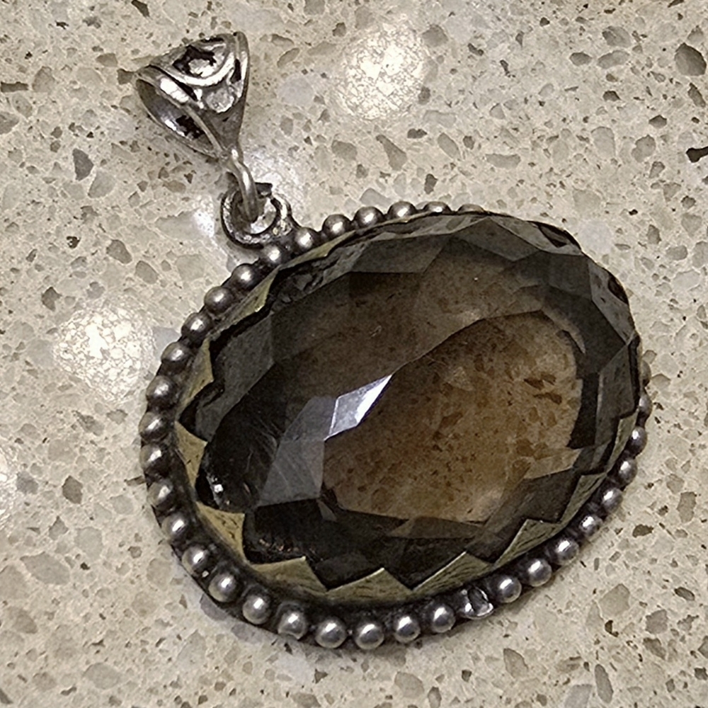Elegant Smoky Quartz Faceted Handmade Oval Milgrain Bezel Pendant Artisan Boho